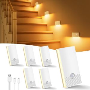 Veilleuse Detecteur De Mouvement, Lot De 6 Lampe Detecteur De Mouvement Interieur 2700k, Usb Rechargeable Veilleuse À Induction Pour Armoires, Chambres, Escaliers, Cuisines, Couloirs, Blanche - Neuf