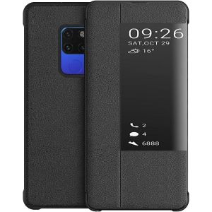 KALANKA-Coque Compatible pour Huawei Mate 20, Smart View Flip Faux Cuir Coque + Protection Ecran - Noir - Neuf