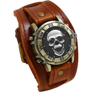 Eryi-Montre Homme Cuir Crâne: Montre Homme Bracelet Cuir Large Avec Cadran Tête De Mort Bronze Vintage Gothique Punk Biker Montre Poignet De Force Manchette Analogique Quartz - Cadeau Halloween - Neuf