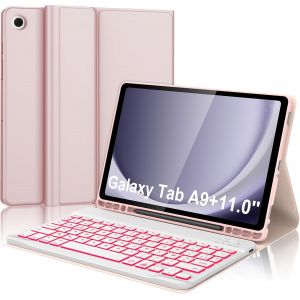 Keyboard for Samsung Galaxy Tab A9+ 11 Inch 2023 with Backlit, Keyboard Case for Samsung Tab A9 Plus Magnetic Detachable AZERTY Layout French Bluetooth, Pink - Neuf