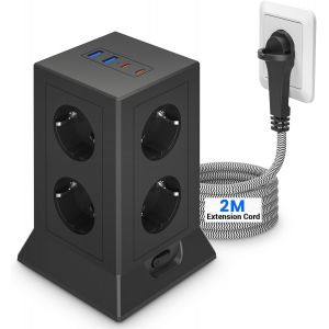 Tour Multiprise avec Interrupteur, 8 Prises et 4 USB, Multiprise 2M avec Prise Plate, Multiprise Electrique parafoudre et surtension pour Bureau et Maison,Noir (2M) - Neuf