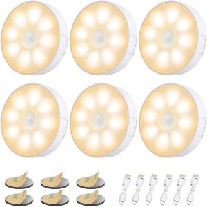 Veilleuse Led Automatique Usb Rechargeable[Lot De 6], Veilleuse Induction 8leds, Batterie 400mah, Veilleuse D&eacute;tecteur De Mouvement, Lampe Adh&eacute;sive Led Avec Base Magn&eacute;tique-Jaune Chaud - Neuf