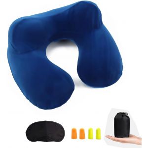 Oreiller De Voyage Gonflable Avec Vanne,Coussin De Cou Gonflable De Velours Doux Avec Bouchon D'oreille Et Masque Pour Les Yeux (Bleu) - Neuf