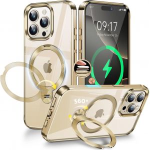 [Anneau en M&eacute;tal CD & 360&deg; Rotation Support Invisible] Coque Magn&eacute;tique pour iPhone 16 Pro Max [Compatible Magsafe] [Pare-Chocs Antichoc Galvanis&eacute;] Coque Fine Transparente avec Support u2013 Or de Luxe - Neuf
