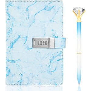 Chenquansarl-Journal De Verrouillage De Mot De Passe En Cuir Pu Avec Stylo De Diamant Carnet De Notes Quotidien De Format A5 Avec Serrure Cahier De Verrouillage &Agrave; Combinaison Num&eacute;rique (Bleu) - Neuf