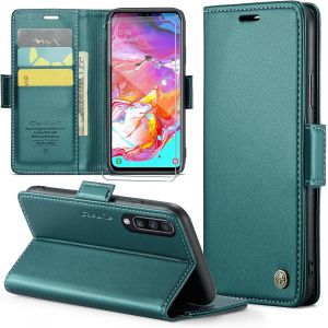 Kal-Coque Pour Samsung Galaxy A70/A70s+ 2 Pièces Verre Trempé,Antivol,Prend En Charge Le Chargement Sans Fil, Pochette Fermeture Magnétique Flip Case-Bleu-Vert - Neuf