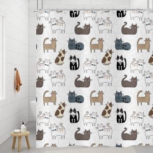 Sjzg-Rideau De Douche Chat 165x180, Dessin Anim&eacute; Color&eacute; Animal Kitty, Beaux Animaux De Compagnie Pour Enfants Gar&ccedil;ons Filles, Imperm&eacute;able, Tissu Polyester Lavable - Neuf