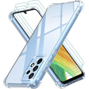 Samsung Galaxy A33 5g - Coque Tpu Souple Transparente Ultra-Fine + 3x Verre Trempé 0,3mm 9h, Anti-Choc, Anti-Jaunissement, Bords Surélevés Et Coins Renforcés - Neuf