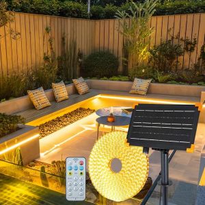 Bande Led Solaire D'extérieur - 960 Led - 15 M - Étanche Ip68 - Avec Télécommande - Intensité Variable - 8 Modes - Barre Led Flexible Pour Jardin, Véranda, Balcon, Pavillon, Parapluie - Blanc - Neuf