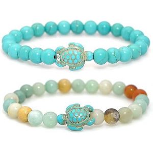 2 Pi&egrave;ces Perles Bracelets Pour Femmes Bracelet En Pierre Naturelle Turquoise Tortue Bracelet Ajustable Stretch Bracelets En Perles - Neuf