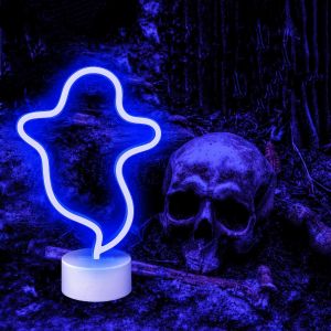 Lampe Néon Led En Forme De Fantôme Avec Support-Batterie/Usb- Décoration Murale Pour Noël,Fête D'anniversaire,Chambre D'enfant,Salon,Fête De Mariage (Bleu) - Neuf
