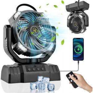 Ventilateur Silencieux de Camping 10000mAh,3 en 1 Ventilateur Portable Rechargeable 4 Vitesses,Ventilateur USB avec Lumière LED/Télécommande/Crochet/270 °Réglables,Pour Camping,les Voyages et Plage - Neuf