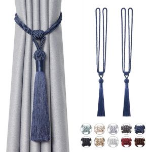 Cheng-Lot De 2 Embrasses De Rideaux Longues À Pompons Faites À La Main Avec Noeuds De Style Européen Pour Décoration De Fenêtre De Maison Et De Bureau (Bleu Foncé) - Neuf