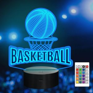 Lampe D'Illusion 3D De Basket-Ball, T&eacute;l&eacute;commande Avec Changement De 16 Couleurs Minuterie Hologramme Veilleuse, Anniversaire No&euml;l Pupitre Chambre &Agrave; Coucher D&eacute;coration, Id&eacute;es Cadeaux - Neuf