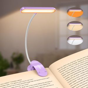 Lampe De Lecture 19 Led, Liseuse Lampe Clip Rechargeable, Protection Des Yeux, 5 Luminosités & 3 Couleurs (Ambre/Blanc/Mixte), 360° Cou Flexible, Longue Durée,Léger & Portable-Violet - Neuf