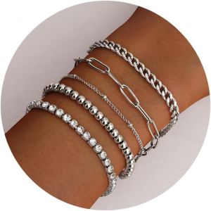 Kalsw-5pcs Chaîne Bracelets Pour Femme Plaqué Or 18k Bracelet Acier Inoxydable Femme Twist Figaro Chaîne Bracelets Réglable Cz Bracelets Ensemble Argent Or Bracelets Pour Femme Filles - Neuf