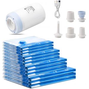 SJZG-Lot De 12 Sacs De Rangement Sous Vide Avec Pompe &Eacute;lectrique Sans Fil - Double Fermeture &Eacute;clair - Pour V&ecirc;tements, Oreillers, Couettes, &Eacute;conomes De L'Espace - &Eacute;tanche &Agrave; La Poussi&egrave;re Et &Agrave; L'Eau - Neuf