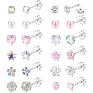 12/14paires Boucles D'oreilles Femme Acier Inoxydable Boucles D'oreilles Enfants Fille Hypoallergéniques Boucle D'oreille Fleur C?ur Étoile Cz Multicolore Vis Dos Boucles D'oreilles Ensemble.[X1344] - Neuf