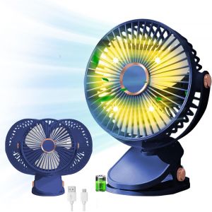USB Desk Fan, 3 Speeds Clip Fan, 360° Rotation, Rechargeable Battery Table Fan, Portable Fan for Office, Home, Bedroom, Outdoor Camping, Blue - Neuf