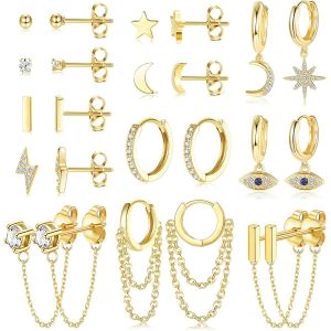 12paires Petite Boucles D'oreilles Femme Acier Innoxydable Étoile Lune Boucles D'oreilles Creoles Pendantes Avec Chaîne Hypoallergénique Zircon Ball Evil Eye Boucles D'oreilles Or/Argent - Neuf