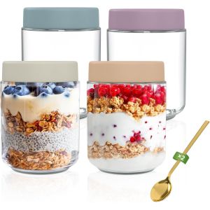 Mevronisshop-Lot De 4 Pots Pour Overnight Oats, 500ml Bocaux En Verre Avec Couvercle Herm&eacute;tique Pour Gruau De Nuit,Pudding,Porridge,Yaourt,R&eacute;utilisables Pots De Conservation Pour C&eacute;r&eacute;ales,Confiture,G - Neuf