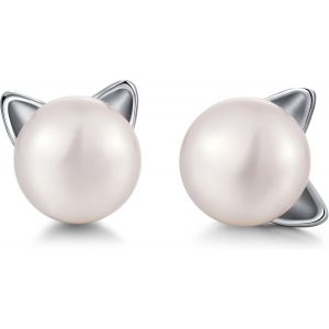 Tianyi-Boucle Doreille Chat Pour Les Filles, Les Femmes, Boucle D'oreille Femme Argent Diamant, Boucle D'oreille Femme Perle D'eau Douce 7.5-8mm - Neuf
