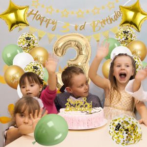 CAUC-D&eacute;coration Anniversaire 3 Ans Vert et Or - Ballons pour F&ecirc;te Gar&ccedil;on Fille - Neuf