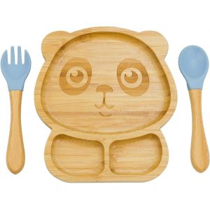 Kal-Ventouse Pour Bébés,Set Bébé Assiette Et Couverts Avec Base Solide En Silicone Amovible, Vaisselle Bébé De Haute Qualité,Cadeau Enfant Sans Bpa (Panda_Bleu) - Neuf