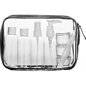 KALANKA-Trousse de Toilette Transparente + 8 Bouteilles Vide de Voyage pour Liquides(Max.100ml), Kit de Voyage pour l¿Avion,Set de Voyage dans Bagages à Main, Sac Cosmétiques pour Hommes et Femmes - Neuf