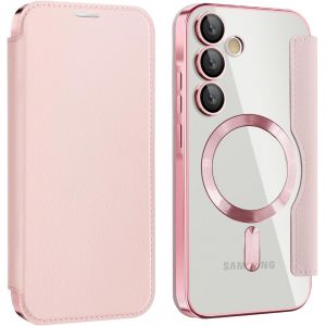 LORANKA-Coque pour Samsung Galaxy A55 Housse Transparente &Eacute;lectroplaqu&eacute;e en Silicone avec Protection d'Appareil Photo et Rabat en Cuir Compatible Charge sans Fil,Rose - Neuf