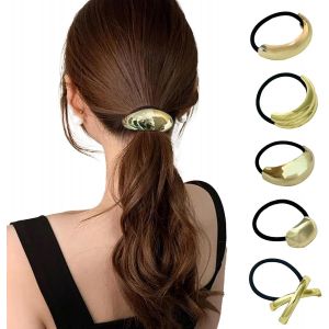Lot De 5 Elastiques &Agrave; Cheveux En M&eacute;tal Dor&eacute; Pour Cheveux Epais,Elastique Cheveux Femme,Accessoires Pour Cheveux Pour Queue De Cheval Pour Femmes (Dor&eacute;) - Neuf