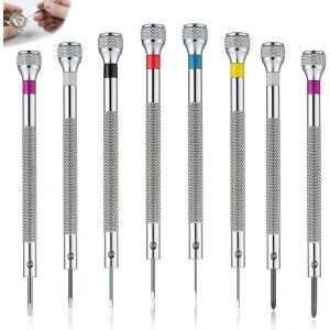 KAL-Lot De 8 Tournevis De Précision Pour Horloger Bijoutier - 0,6 À 1,6 Mm - Tournevis De Précision Pour Lunettes, Petits Tournevis À Tête Plate Et Cruciforme Hexagonale, Pour Réparation De Montres, - Neuf