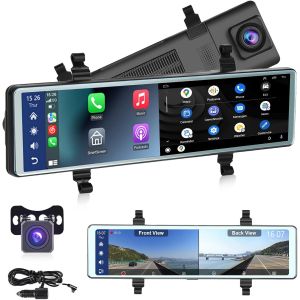 Carplay Android Auto Wireless Dashcam Mirror, Bluetooth Touch Screen 11.26 Inch IPS Screen Rearview Mirror Cameras Front and Rear Cameras, Car Cameras Video Recorder FM/AUX - Neuf