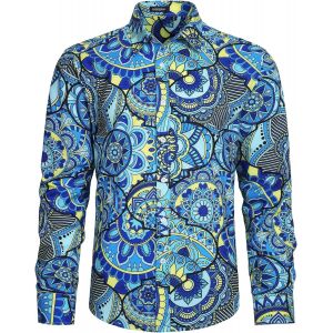 Jfkjg-Hommes Floral Paisley Satin Chemise A Manches Longues Decontracte Mode Formelle Chemises Habillees Boutons En Soie Coupe Reguliere Ceremonie De Fete De Mariage - Neuf