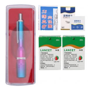 Stylo Lance-Sang A Trois Tetes En Alliage D'aluminium, Appareil De Massage Par Ventouses Pour Analyses Sanguines (Stylo Lance-Sang A Trois Tetes Degrade Violet-Bleu, 100 Aiguilles, Tampon D'alcool, Carte Des Points D'acupuncture (C)) - Neuf