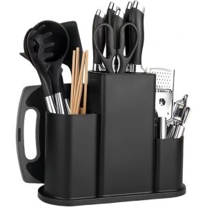 Mevronisshop-Bloc Couteaux Vide Carr&eacute;, 4 En 1 Bloc &Agrave; Couteaux Universel, Porte Couteaux De Cuisine Stable, Support Rangement Couteaux, Range Couteaux Grand Volume Avec Trou Vidange & Fentes De Ustens - Neuf