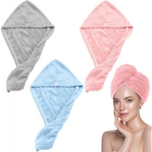 Kalanka-3 Pièce Serviettes De Séchage En Microfibre Super Absorbantes, Serviette Seche Cheveux Avec Bouton, Turbans Super Absorbants Pour Femmes, Doux Anti-Frisottis À Séchage (Gris, Rose, Bleu) - Neuf