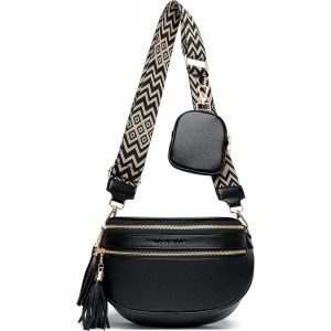 KALANKA-Sac Banane Femme Chic Noir Sac à Bandoulière pour Femme Petit Sac a Main Femmes Bandoulieres en Cuir Végétalien 5cm Large Sangle avec Porte Monnaie Amovible - Neuf