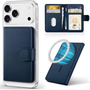 CAUC-Porte-Cartes en Cuir V&eacute;ritable, Portefeuille Magn&eacute;tique [RFID Blocage][Fente pour Carte] Slim Card Slot Genuine Leather Wallet pour iPhone 16/15/14/13/12 u2013 Bleu Marine - Neuf