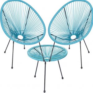 Ulteronixshop-Ensemble De Conversation Pour Jardin Freddy En Polyrotin Deux Places Avec Table Basse, 2 Fauteuils Oeufs, 1 Table D'ext&eacute;rieur, Salon Patio, Balcon, Restaurant, Bistrot, Bar (Azur) - Neuf