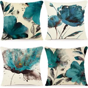 Cauc-Lot De 4 Housse Coussin 40x40 Florale Peinture &Agrave; L'aquarelle Housses De Coussin D&eacute;coratives En Coton Lin Taie Oreiller De Canap&eacute; Housse De Coussincarr&eacute; Pour Lit Voiture De La Maison Canap&eacute; - Neuf