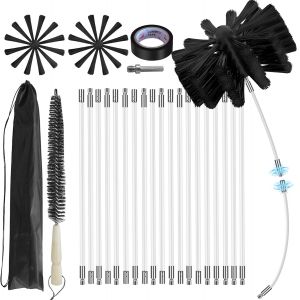 Kit de ramonage, t&ecirc;te de brosse, kit de nettoyage pour conduit de s&eacute;cheuse, kit de ramonage et de nettoyage de chemin&eacute;e, syst&egrave;me rotatif de nettoyage de chemin&eacute;e avec 19 tiges flexibles en nylon - Neuf