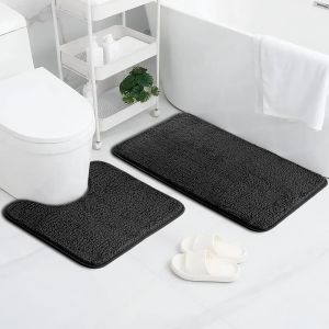 Kal-Lot De 2 Tapis De Salle De Bain Antidérapant, Comprenant 1 Tapis De Bain(50 X 80 Cm) Et 1 Tapis Wc (50 X 40 Cm), Tapis De Bain En Microfibre À Poils Longs Pour Douche, Salle De Bain, Noir - Neuf