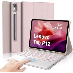 Coque Clavier Lenovo Tab P12 12.7¿ 2023, Étui Keyboard 7 Couleurs Rétroéclairées Azerty Français Layout Bluetooth Sans Fil Amovible Avec Pavé Tactile Avec Porte Crayon Pour Lenovo P12 Tb370fu, Rose - Neuf