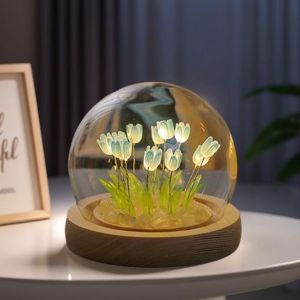 Veilleuse Led En Forme De Tulipe En Forme De Fleur De Cristal Avec Base En Bois, Fonctionne &Agrave; Piles, Atmosph&egrave;re De Nuit, Simulation De Sommeil, Enfants, Filles, Couples, Amis, Cadeau D'ambiance (Bleu - Neuf