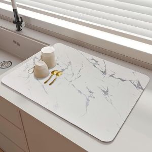 Jexnovashop-Tapis Egouttoir Vaisselle 30x40cm, Super Absorbant, Pliable, Antid&eacute;rapant, Tapis De S&eacute;chage Rapide Pour Comptoir De Cuisine, Bar, Machine &Agrave; Caf&eacute; (Marbre Blanc) - Neuf
