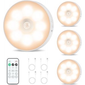 Lot De 4 Palets Lumineux Rechargeables Avec Télécommande, Détecteur De Mouvement, Lumières Led Magnétiques Sans Fil À Intensité Variable, Veilleuse À Coller Pour Armoire, Comptoir, Cuisine, Couloir, - Neuf