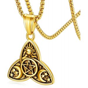 Kales-Collier Triple Lune D&eacute;esse,Pendentif Pentacle Wicca Triple Lune Acier Inoxydable Avec Cha&icirc;ne R&eacute;glable,Bijoux Wicca Pa&iuml;en Amulette De Protection Pour Femme Homme Gar&ccedil;ons - Neuf