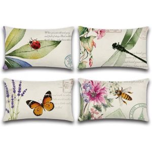 Eryi-Extérieur Housse De Coussin, Lot De 4 Imperméable Insectes Et Plantes Motif Canapé Taie D'oreiller Pour Patio Jardin Salon Chambre Décoration, 30x50cm - Neuf
