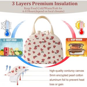 TZF-Sac Isotherme Repas Bureau 6.5L, Sac à Déjeuner Waterproof avec Feuille, Velours Côtelé Sac à Lunch Isolé en Étanche pour Femme, Homme, École et Bureau (Coeur d'amour) - Neuf